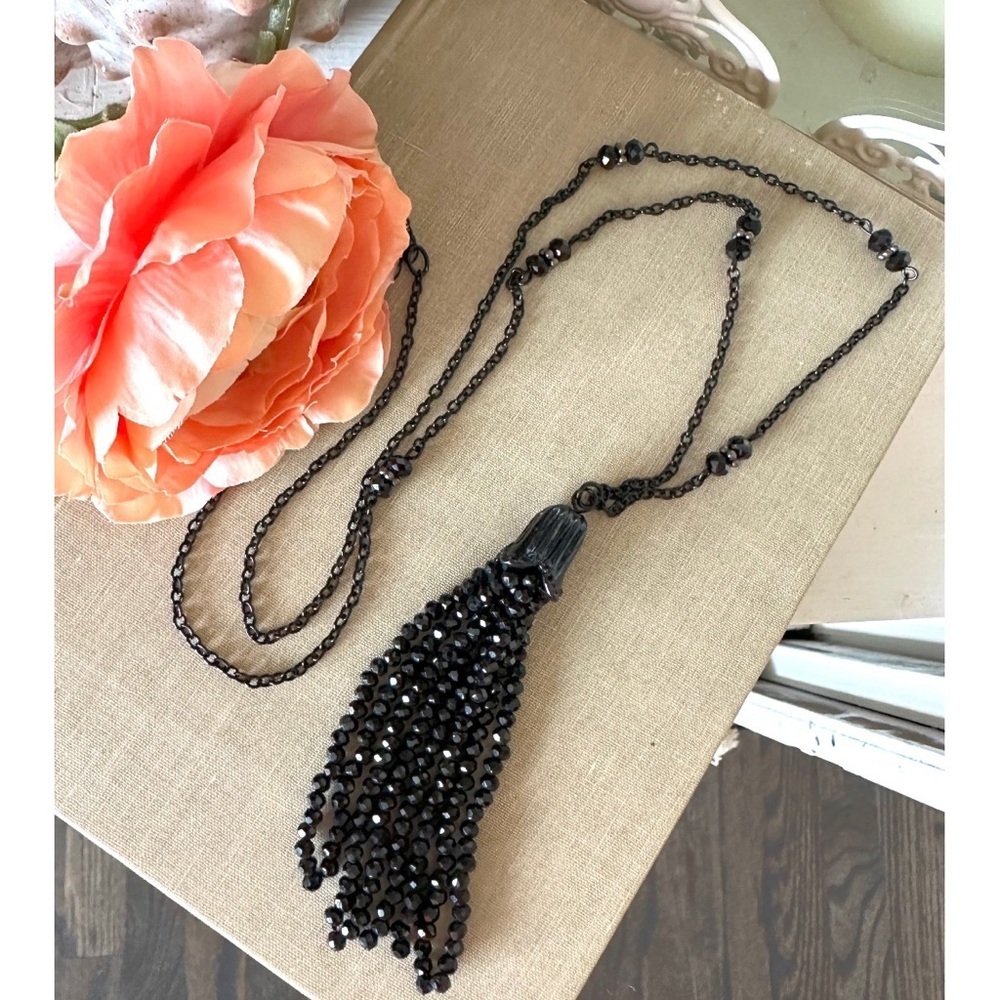 Black Crystal tassel long necklace